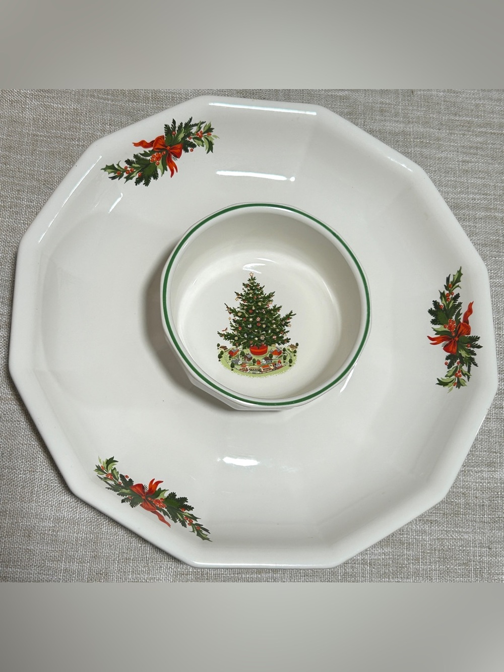 Pfaltzgraff White Chip & Dip Set with Green and Red Holiday Tree Motif
